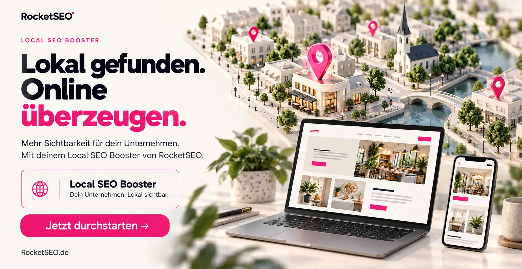 Werbung von RocketSEO: Lokal gefunden. Online überzeugen. Mehr Sichtbarkeit für dein Unternehmen mit dem Local SEO Booster – Jetzt durchstarten