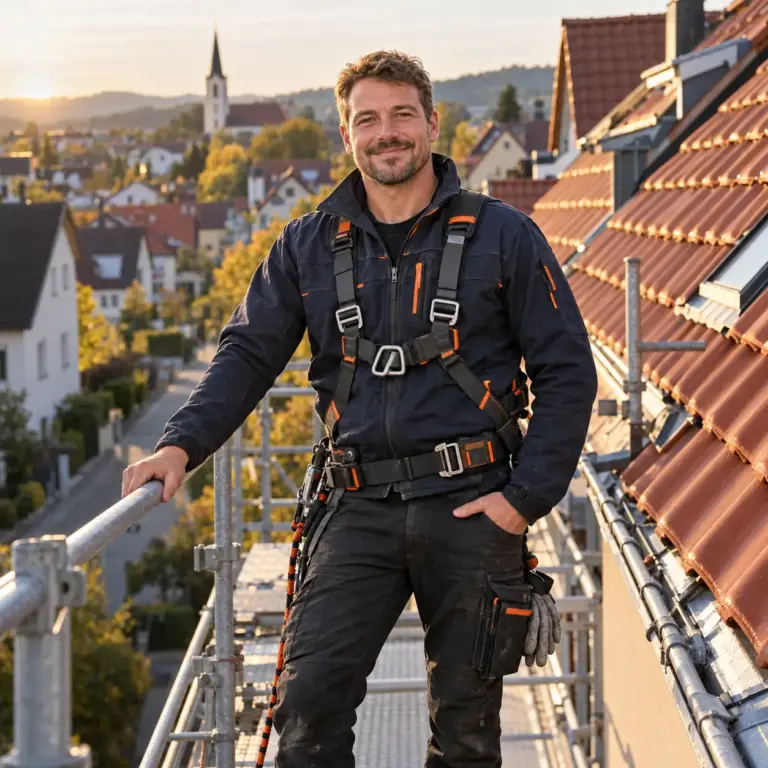 Freundlicher Dachdecker in Arbeitskleidung steht auf dem Gerüst vor einem Ziegeldach und lächelt in die Kamera