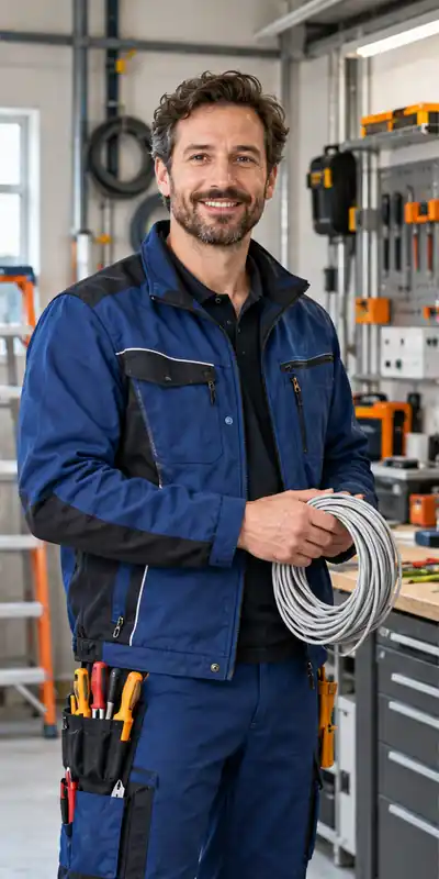 Lächelnder Elektriker in Arbeitskleidung hält eine Kabelrolle in seiner Werkstatt